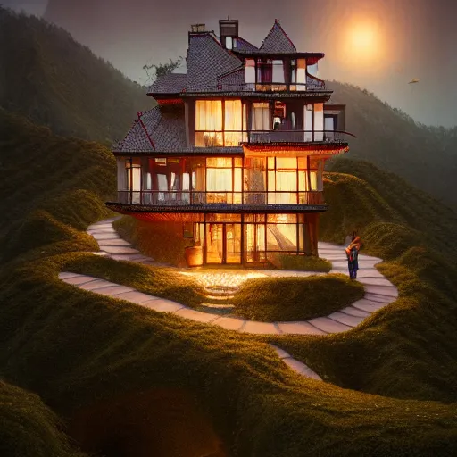Image similar to ! dream small hillside house made of honey and milk, modern lighting, hyper - realistic, hyper - detailed, 8 k, octane rendered, art nouveau, organic, flowing, impossible torsion, writhing, dusk, lush, dynamic, in the style of ross tran