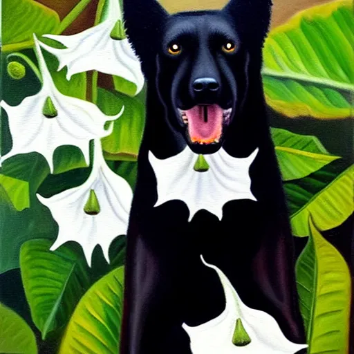 Image similar to oil painting of a black dog bearing its fangs next to white brugmansia suavolens flowers, with a dark background