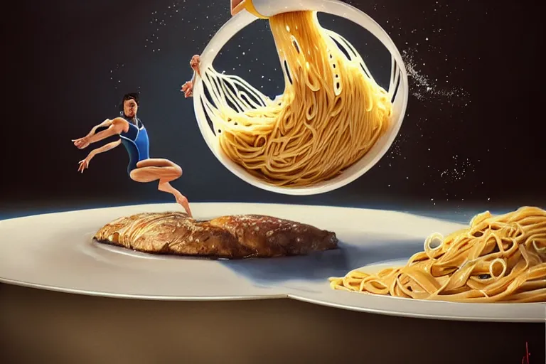 Image similar to olympic diver diving into a dish of pasta, fantasy, elegant, highly detailed, sharp focus, art by artgerm and beeple and greg rutkowski and wlop