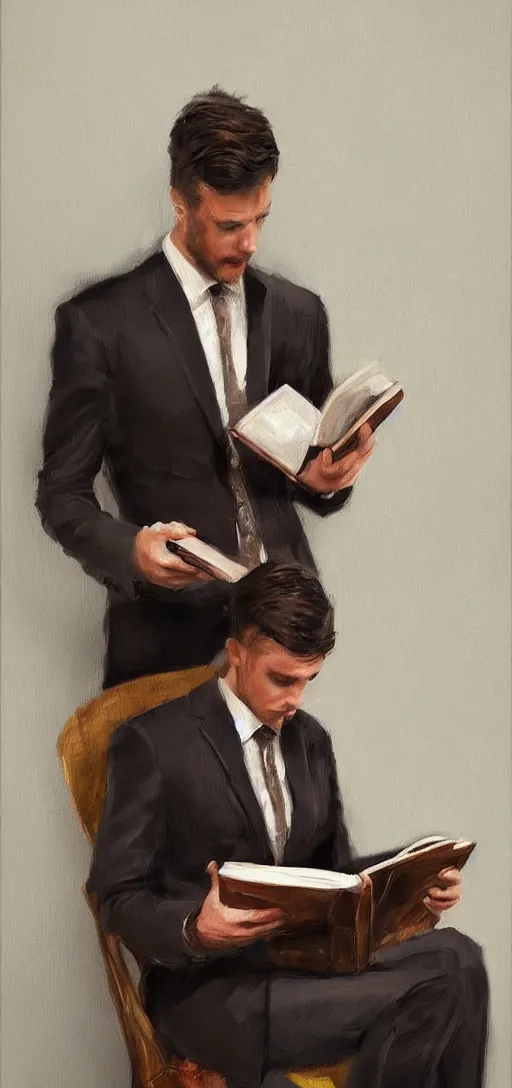 Image similar to a man reading a book wearing a suit oil painting, digital art, artstation