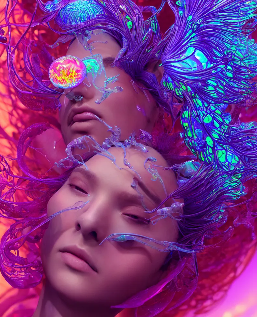 Image similar to goddess close-up portrait. dichroic orchid jellyfish phoenix head, nautilus, skull, betta fish, bioluminiscent creatures, intricate artwork by Tooth Wu and wlop and beeple. octane render, trending on artstation, greg rutkowski very coherent symmetrical artwork. cinematic, hyper realism, high detail, octane render, 8k