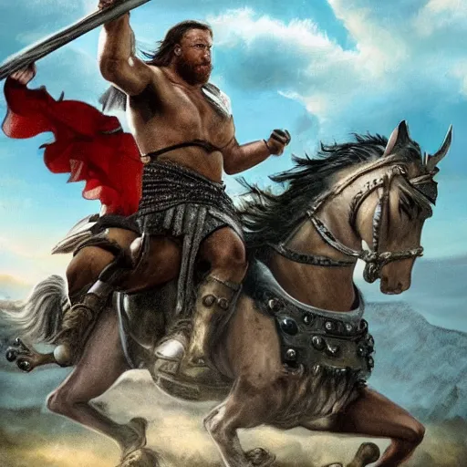 Image similar to Alex Jones as an ancient barbarian king, riding a horse into battle with an axe