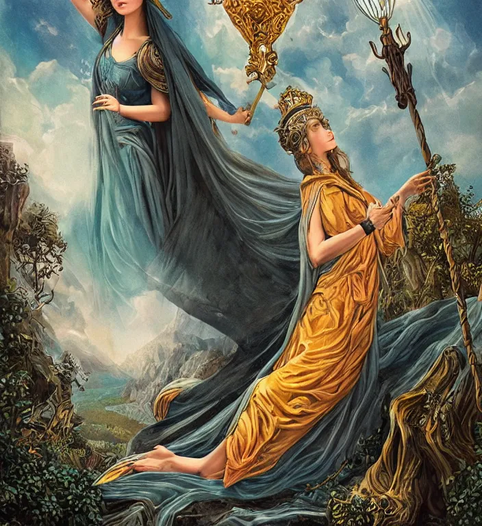 Image similar to a majestic matte painting, Illustration, centered Intricate portrait of a goddess, tarot card