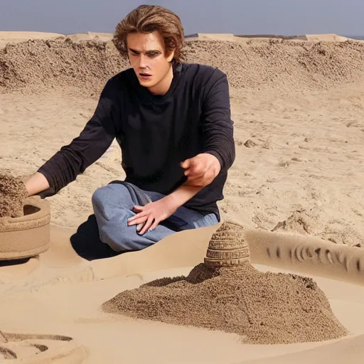 Prompt: Picture of an adult Anakin Skywalker building a sand castle on Tatooine, played by hayden christensen, award-winning