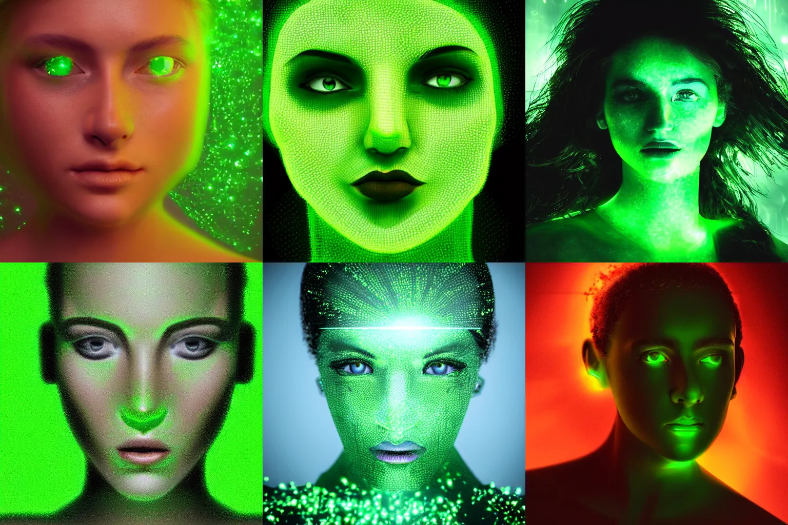 Prompt: closeup portrait of an ethereal person made of green light, divine, cyberspace, mysterious, dark high-contrast concept art