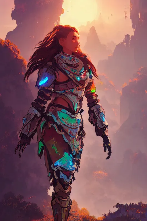 Image similar to combination suit armor aloy horizon forbidden west horizon zero dawn radiating a glowing aura global illumination ray tracing hdr fanart arstation by ian pesty and alena aenami artworks in 4 k tribal robot ninja mask helmet backpack