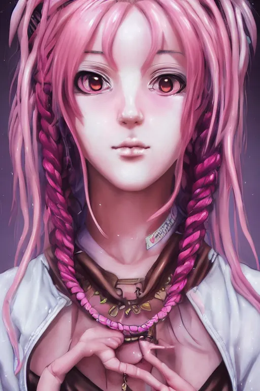 Image similar to portrait of an anime manga girl with pink and white snake dreads, straight on portrait, by artgerm, james jean, tom bagshaw, gerald brom, vaporwave colors, lofi colors, vaporwave, lofi, goth vibe, 4 k, smooth, hd, substance designer render, full body character concept art, symmetrical,