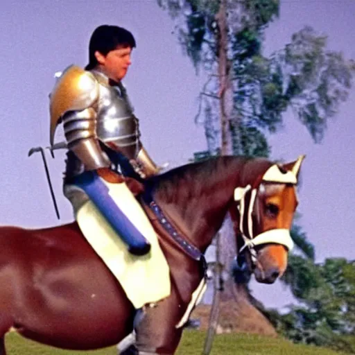 Prompt: a high - quality vhs video from 1 9 8 7 of a knight riding a horse