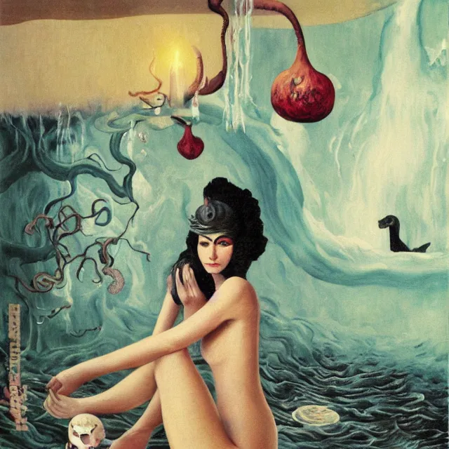 Image similar to tall female catgirl artist holding a skull in her flooded apartment, pomegranates, octopus, water gushing from ceiling, painting of flood waters inside an artist's apartment, a river flooding indoors, candles, ikebana, zen, rapids, waterfall, black swans, canoe, berries, acrylic on canvas, surrealist, by magritte and monet