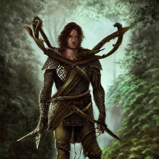 Image similar to a young travis fimmel as an elven warrior in chainmail, in the style of brom, keith parkinson, heroic, highly detailed, concept art, high key, ambient lighting, in a forest,