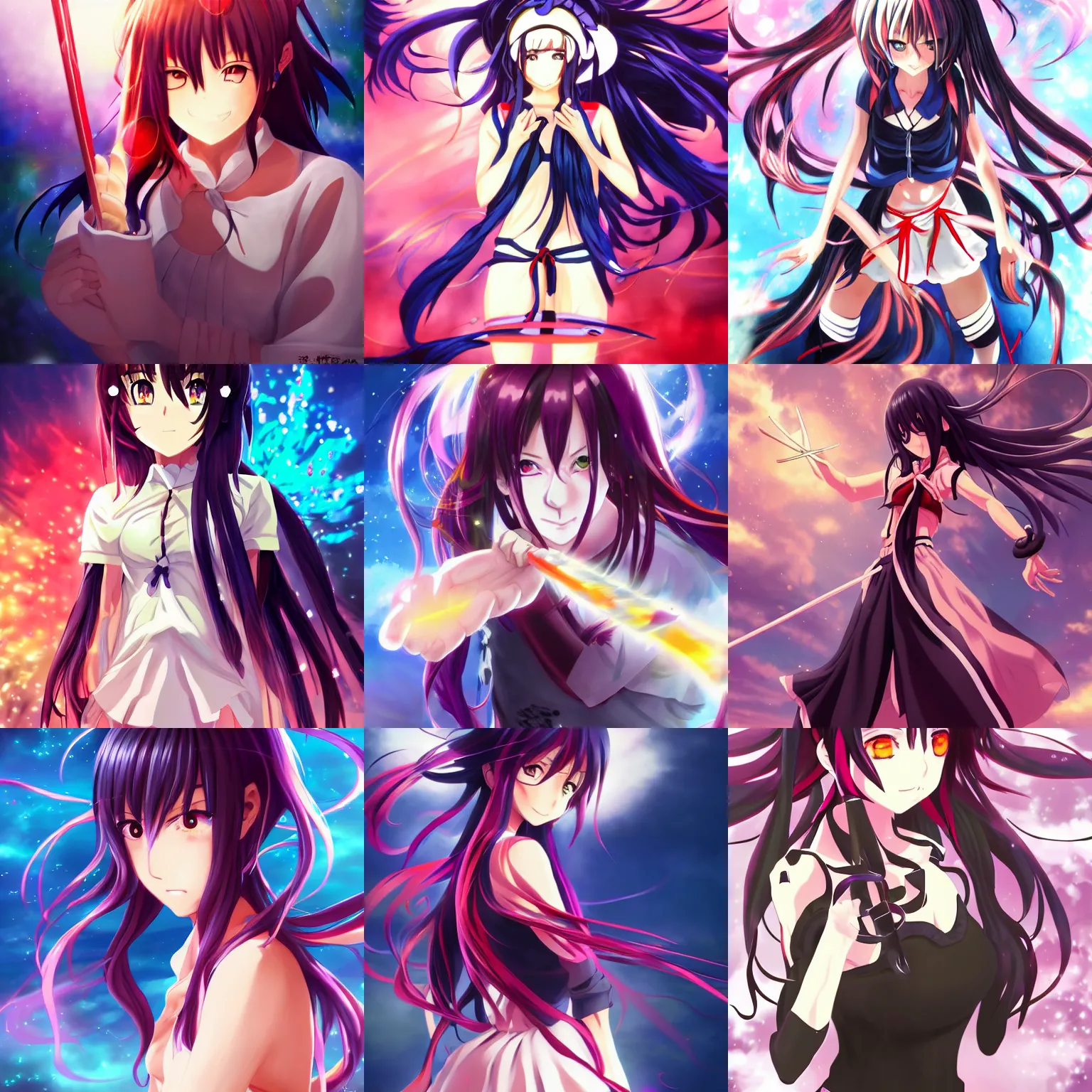 Prompt: anime style, vivid, expressive, full body, 4 k, painting, a cute magical girl with a long wavy black hair, stunning, realistic light and shadow effects, centered, simple background, ikki tousen, studio ghibly makoto shinkai yuji yamaguchi