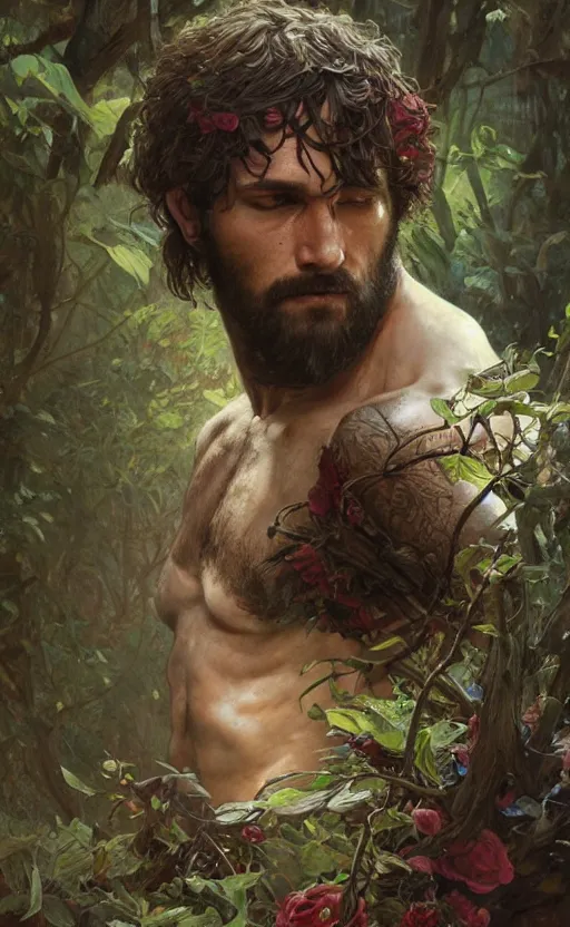 Prompt: god of the forest, 3 0 years old, rugged, male, gorgeous, detailed face, amazing, full body, flowers, muscular, intricate, highly detailed, digital painting, artstation, concept art, sharp focus, illustration, art by greg rutkowski and alphonse mucha
