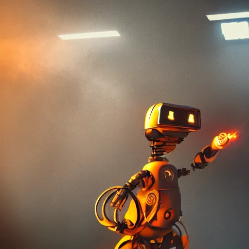 Image similar to toaster oven terminator robot, dark messy smoke - filled cluttered workshop, dark, dramatic lighting, orange tint, sparks, plasma charge, cinematic, highly detailed, sci - fi, futuristic, movie still