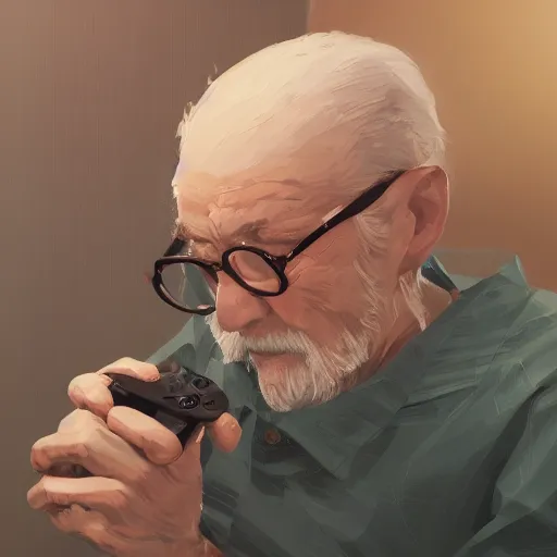 Image similar to An old man playing video games, holding a controller. By ilya kuvshinov, krenz cushart, Greg Rutkowski, trending on artstation. Sharp highlights, amazing textured brush strokes, accurate shape, cinematic soft, 8k, VFX, HDR, dramatic lighting, psychedelic colouring