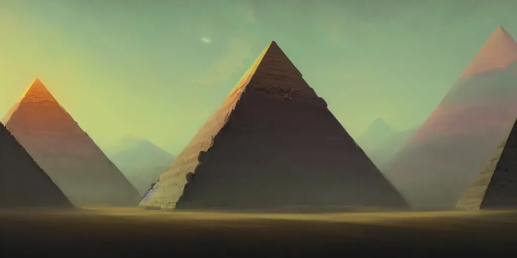 Image similar to pyramids, extremely detailed minimalist painting, in the style of fenghua zhong and ruan jia and jeremy lipking and peter mohrbacher, mystical colors, rim light, beautiful lighting, 8 k, stunning scene, raytracing, octane, trending on artstation