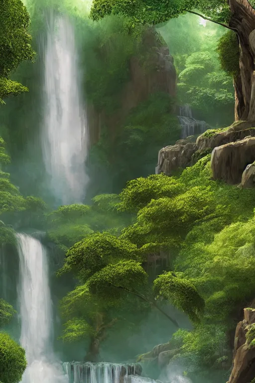 Prompt: a digital painting of a waterfall surrounded by trees, a detailed matte painting by senior environment artist, polycount contest winner, panfuturism, matte painting, rendered in unreal engine, cryengine