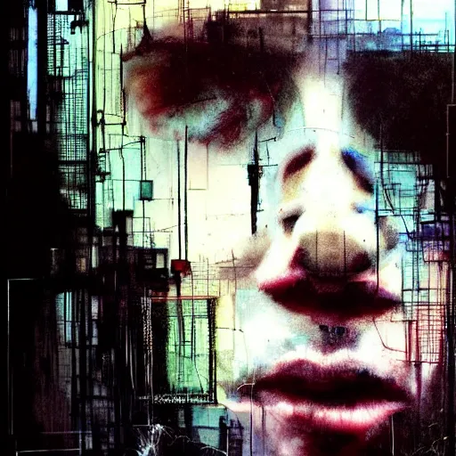 Prompt: man stealing the energy from another man, wires, cybernetic machines and decay moody hyperrealism 8 k photo atmospheric by jeremy mann francis bacon and agnes cecile ink drips paint smears digital glitches glitchart