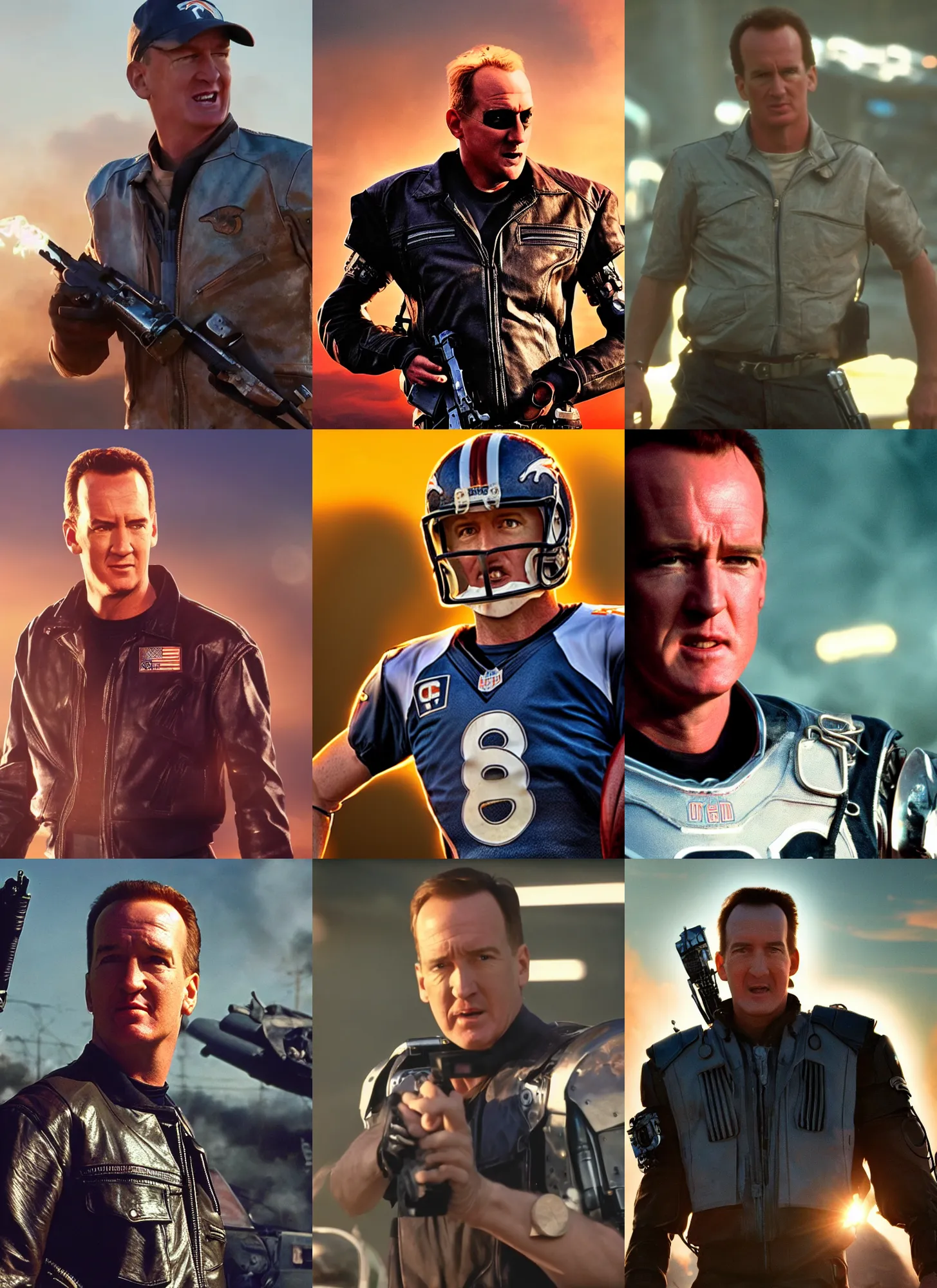 Prompt: peyton manning as the t 1 in terminator, golden hour, movie screen capture, 4 k, hdr