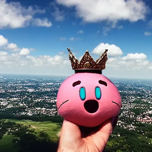 Image similar to Kirby wearing a crown and looking down at a city from the clouds