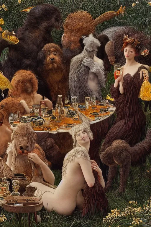 Image similar to a group of animals having a drink together by frantisek kupka, intricate, miles johnston, kuroda seiki, cynical realism, ozabu, john william godward, painterly, yoshitaka amano, moebius, miles johnston, louise zhang, james jean, mark ryden