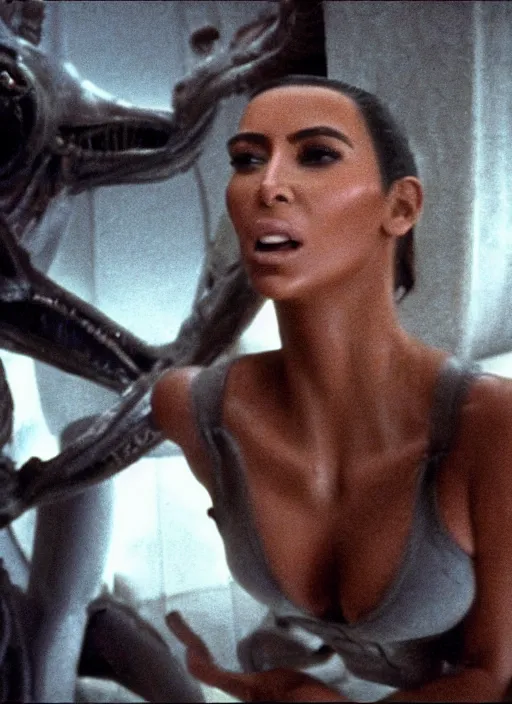 Prompt: film still of kim kardashian being held against a wall by a predator in the movie Alien.