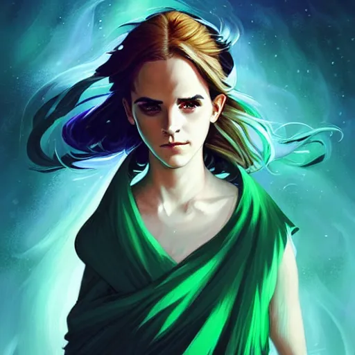 Image similar to style artgerm, joshua middleton, emma watson as a warrior monk wearing green pelt light amor, blue hair, swirling water cosmos, fantasy, dnd, cinematic lighting