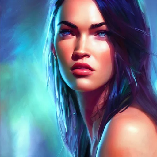 Image similar to megan fox, colorful oil painting by greg rutkowski, charlie bowater, yuumei, yanjun cheng, unreal 5, daz, hyperrealistic, octane render, rpg portrait, dynamic lighting, fantasy art, beautiful face