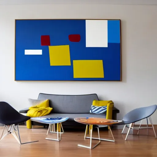 Prompt: a modern abstract painting with a light background that contains contrasting geometric shapes featuring a variety of colors. the theme is playfully urban. subtle morning light in a modern office with white walls.