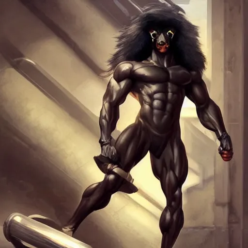 Image similar to splash art of a hyper - muscular black - coated anthropomorphic horse character in a research facility wearing a combat kevlar outfit, long hair, bodybuilder physique, highly detailed, furry, furaffinity, digital painting, artstation, sharp focus, illustration, art by artgerm, greg rutkowski, alphonse mucha