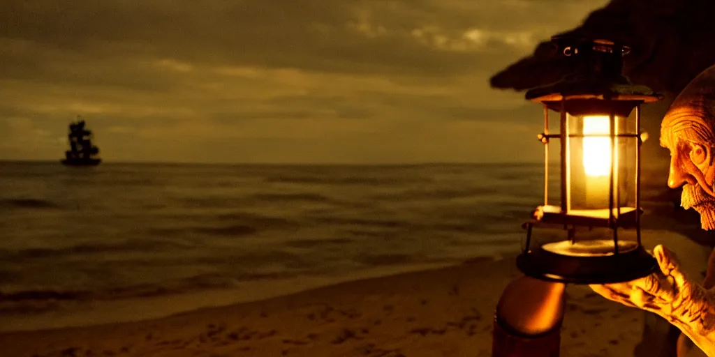 Image similar to film still of closeup old man holding up lantern by his beach hut at night. pirate ship in the ocean by emmanuel lubezki