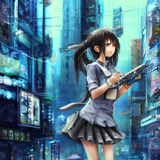 Image similar to dynamic composition, motion, ultra-detailed, incredibly detailed, a lot of details, amazing fine details and brush strokes, colorful and grayish palette, smooth, HD semirealistic anime CG concept art digital painting, watercolor oil painting of Clean and detailed post-cyberpunk sci-fi close-up schoolgirl in asian city in style of cytus and deemo, blue flame, relaxing, calm and mysterious vibes,, by a Chinese artist at ArtStation, by Huang Guangjian, Fenghua Zhong, Ruan Jia, Xin Jin and Wei Chang. Realistic artwork of a Chinese videogame, gradients, gentle an harmonic grayish colors. set in half-life 2, Matrix, GITS, Blade Runner, Neotokyo Source, Syndicate(2012), dynamic composition, beautiful with eerie vibes, very inspirational, very stylish, with gradients, surrealistic, dystopia, postapocalyptic vibes, depth of field, mist, rich cinematic atmosphere, perfect digital art, mystical journey in strange world