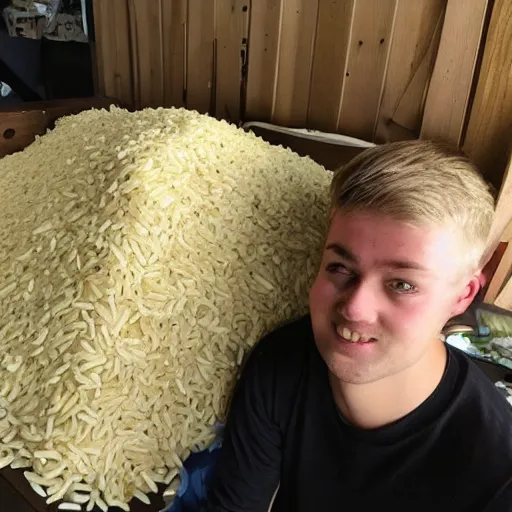 Prompt: a pile of rice with reece withersonn face