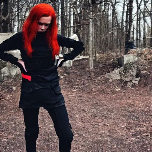 Image similar to beautiful red haired woman in techwear, warcore look and clothes, ACG, ACRNYM, Rick Owens, trending on r/streetwear, outfit photo