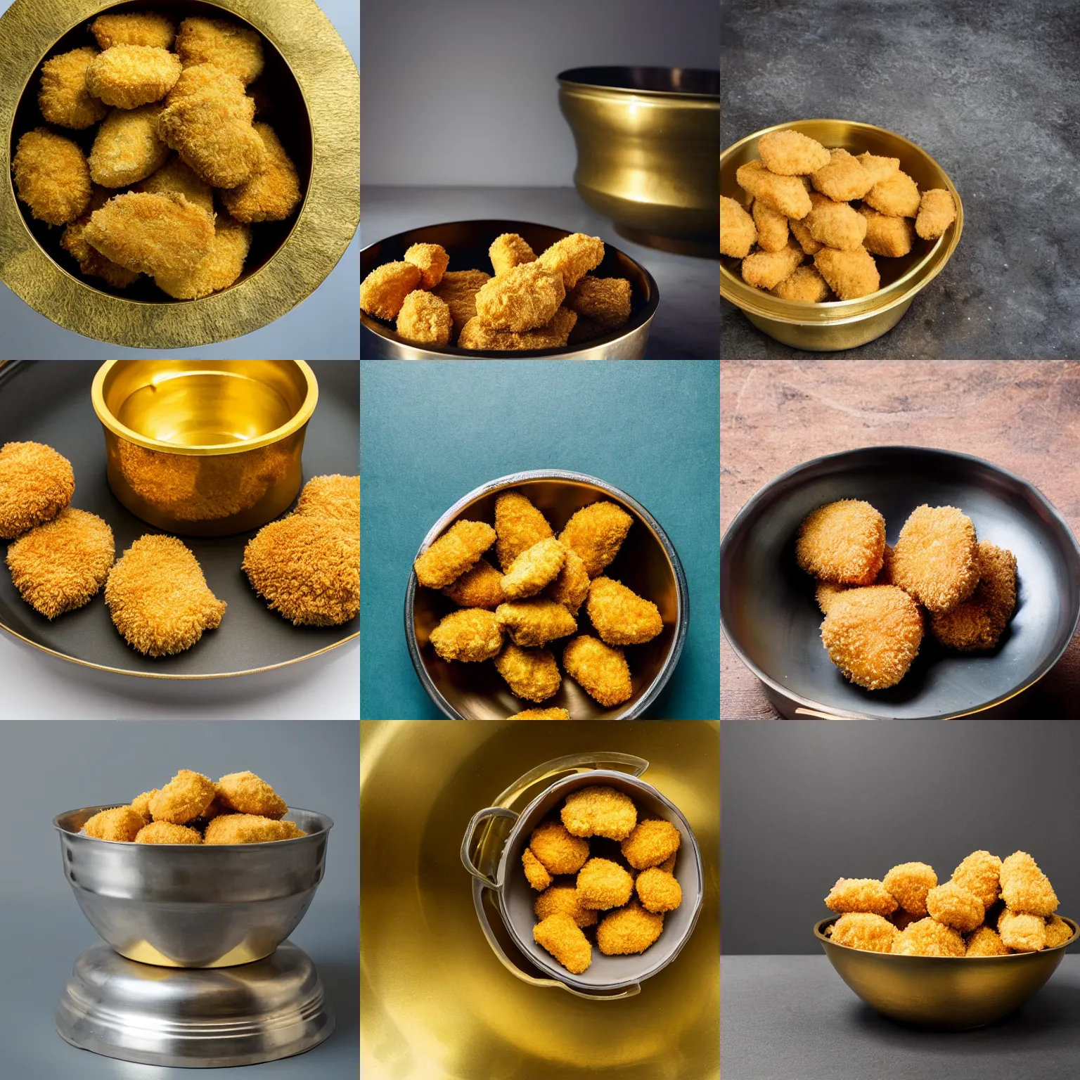 Prompt: chicken nuggets made of solid gold, inside a metal bowl, art sculpture, studio photo