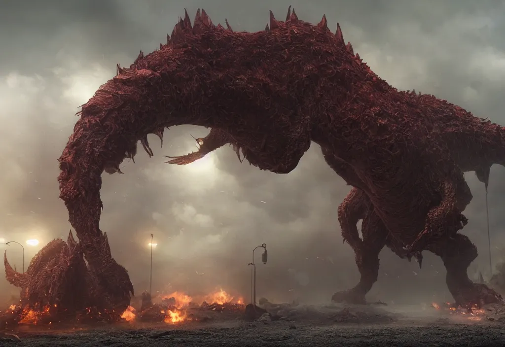 Image similar to vfx color film closeup, huge behemoth monster creature beast by aaron sims, in residential street, low - key lighting award winning photography arri alexa cinematography, hyper real photorealistic cinematic beautiful, atmospheric