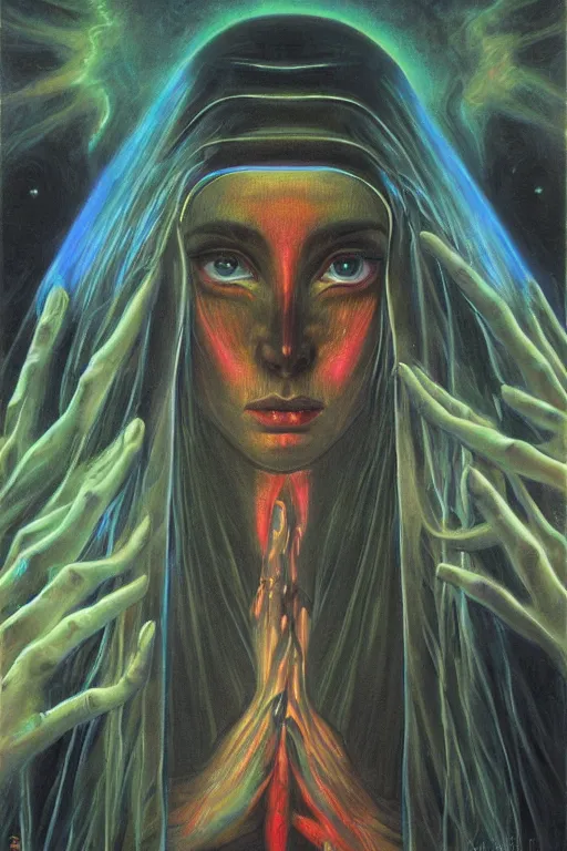 Image similar to gorgeous robed cult girl performing realism third eye ritual, dark theme night time, expanding electric energy waves into the ethereal realm, epic surrealism 8k oil painting, portrait, perspective, high definition, post modernist layering, by Ernst Fuchs, Gerald Brom