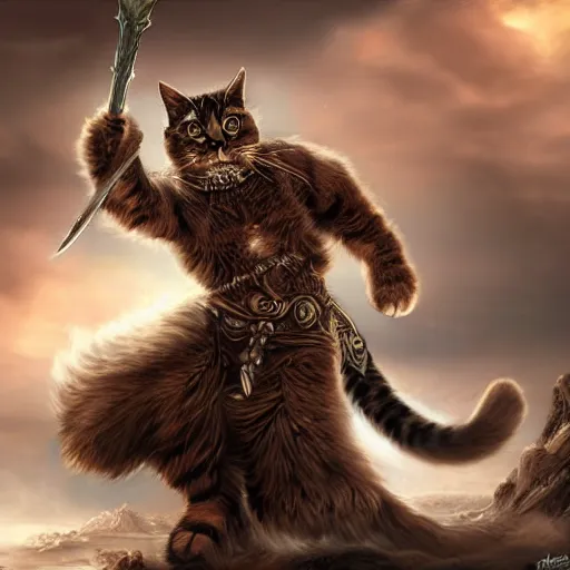 Image similar to a hyper realistic cat warrior, ultra detailed, magic the gathering art, digital art, cinematic, studio lighting, background battlefield, fantasy,