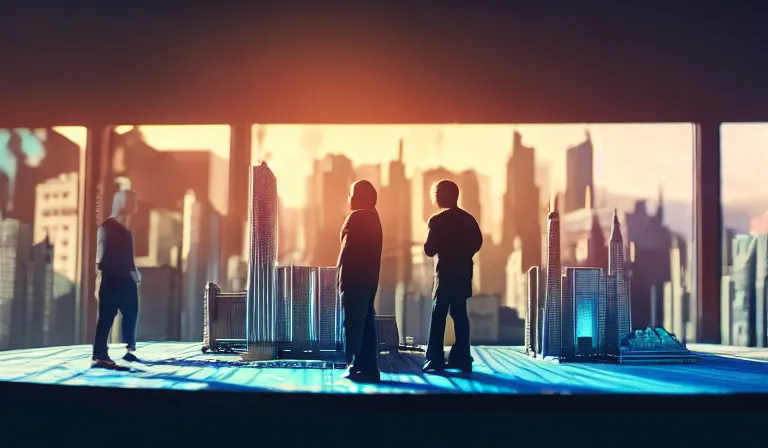 Image similar to group of people in simple warehouse, looking at hologram of futuristic city on a table, cinematic concept art, godrays, golden hour, natural sunlight, 4 k, clear details, tabletop model buildings, center model buildings, hologram center, crane shot, crane shot, crane shot