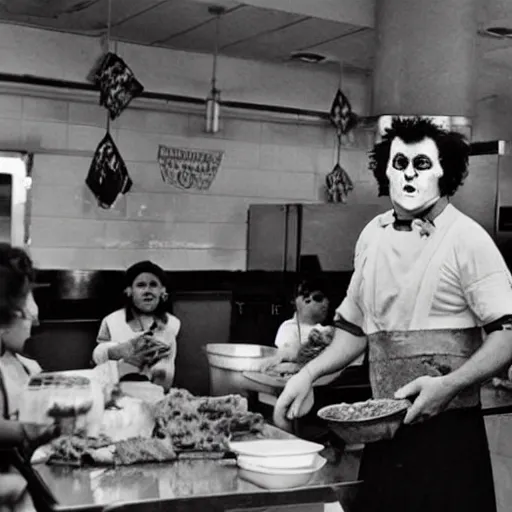 Image similar to Leatherface as a cafeteria attendant dishing out lunch to school kids in thr cafeteria at lunch time