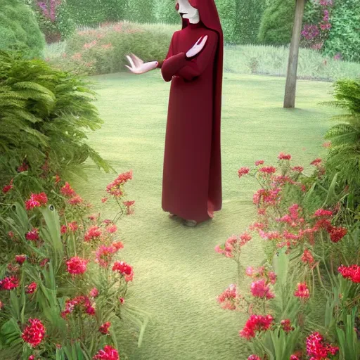 Image similar to young nun with light red long hair standing in a garden, 4k, detailed face, detailed body, detailed clothes, high details, 2d, art