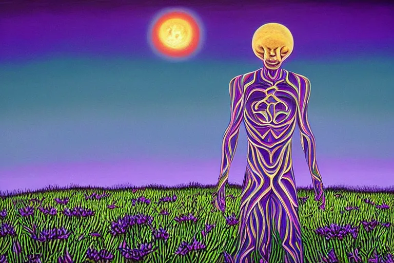 Prompt: a painting of a extraterrestrial alien lost in a meadow, alex grey, tall plants, purple lighting, night sky, glows, moonlight,