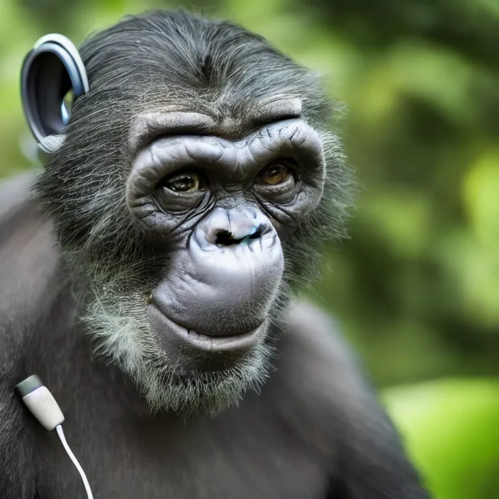 Image similar to a high quality photo of a green chimp wearing headphones, realism, 8k