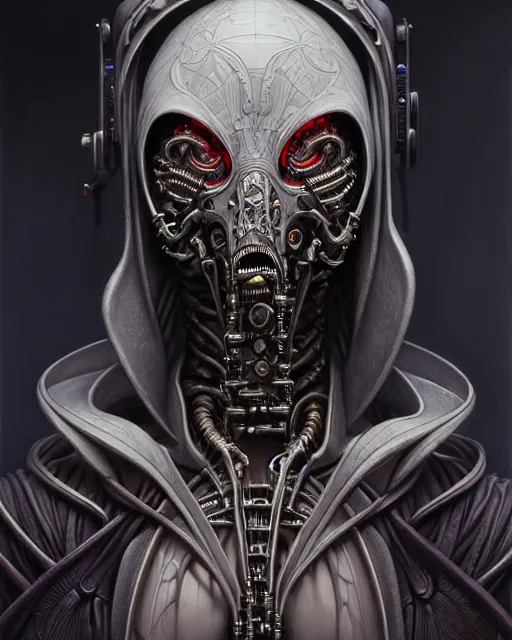 Image similar to front shot of a cyberpunk hooded dead biomechanical demon mastermind character, intricate, elegant, highly detailed, centered, (((artstation, concept art, smooth, sharp focus, artgerm, Tomasz Alen Kopera, Peter Mohrbacher, donato giancola, Joseph Christian Leyendecker, WLOP, Boris Vallejo))), mugshot!!!!!, ugly!!!!!!, octane render, nvidia raytracing demo, grainy, muted