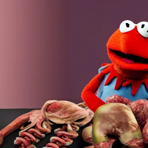 Image similar to muppet looking at a pile of human internal organs