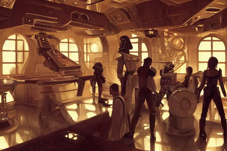 Image similar to ultra realistic illustration, cantina interior from star wars and star trek, intricate, elegant, highly detailed, digital painting, artstation, concept art, smooth, sharp focus, illustration, art by artgerm and greg rutkowski and alphonse mucha