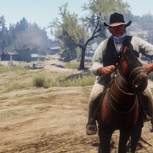 Prompt: Gameplay screenshot of Bernie Sanders in Red Dead Redemption, RDR2