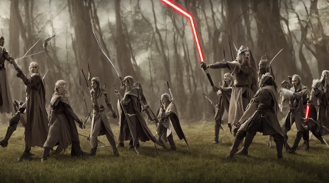 Prompt: LOTR elves and sith wielding lightsabers and bows, background Canon, 100mm, octane render, photorealistic, detailed, cinematic, 8k no blur, volumetric lightning