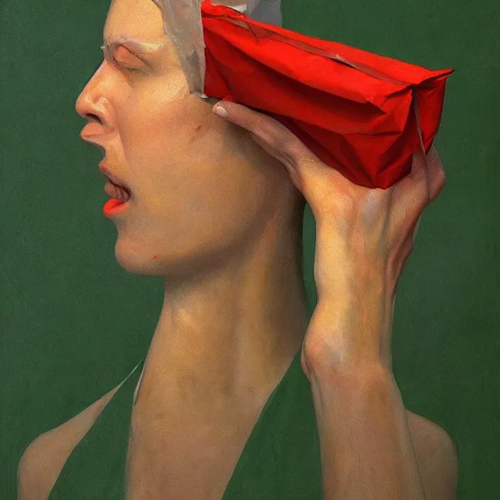 Prompt: melting portrait with a white paper bag over the head, dressed in red paper bags, holding stack of green paper bags, highly detailed, artstation, art by edward hopper, zdislav beksinski, wayne barlowe, edward hopper