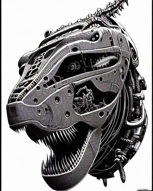 Image similar to a symmetrical illustration intricate mechanical robot trex dinosaur head, transformer, high details, symmetrical illustration, bold line art, by vincent di fate, kim jung gi, joe fenton, inking, scifi, screen print, character concept art, trending on art station, sharp, high contrast, ultrafine hyper detailed, hd, 4 k, 8 k