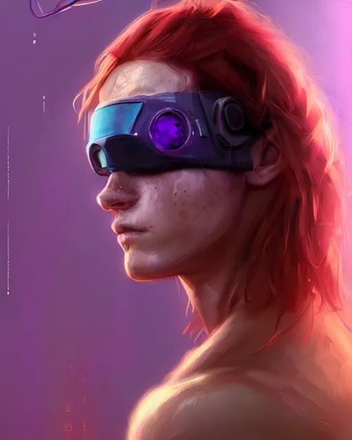 Prompt: cyberpunk hacker wearing purple halter top, perfect face, ginger hair, abs, cinematic, freckles, stunning, cute, adorable, athletic, strong, agile, highly detailed, psychedelic, digital painting, artstation, smooth, hard focus, illustration, art by jessica rossier and and brian froud